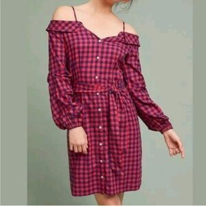 Anthropologie Guest Editor Red Checkered Plaid Off Shoulder Dress